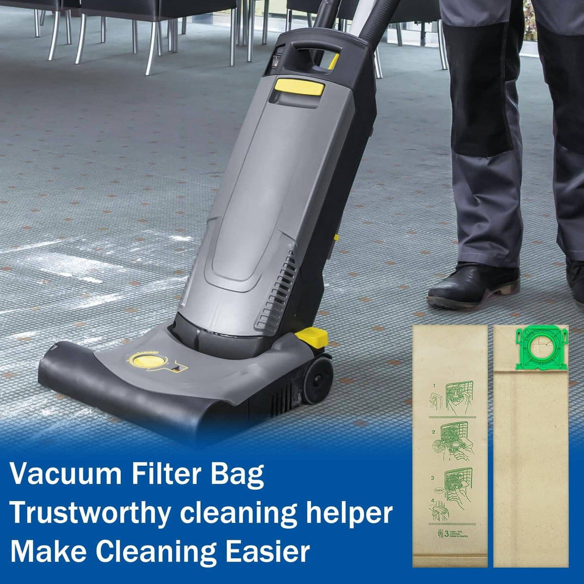 Beige vacuum filter bags with green seals by upright vacuum cleaner