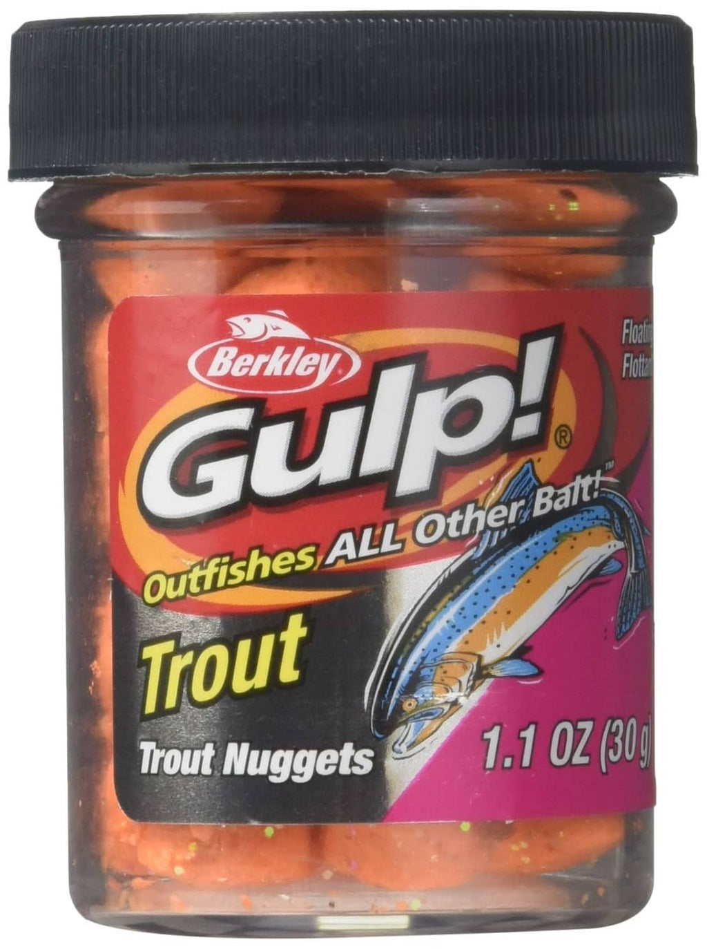 Gulp Trout Nuggets fishing bait jar, orange pulp, 1.1 oz (30 g)