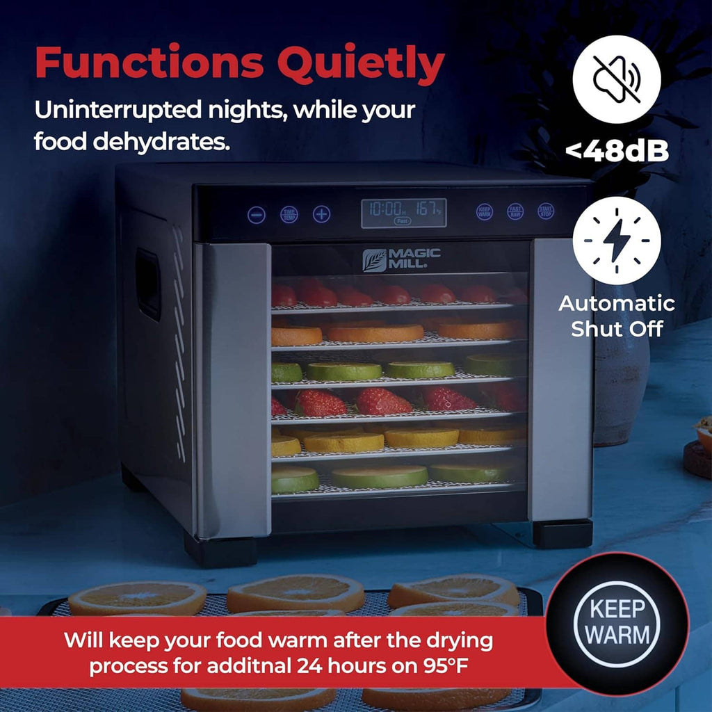Stainless food dehydrator machine with front window display and stacked trays inside