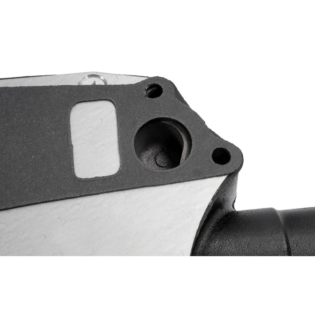 Water pump close-up of black housing casting with rectangular opening and round port