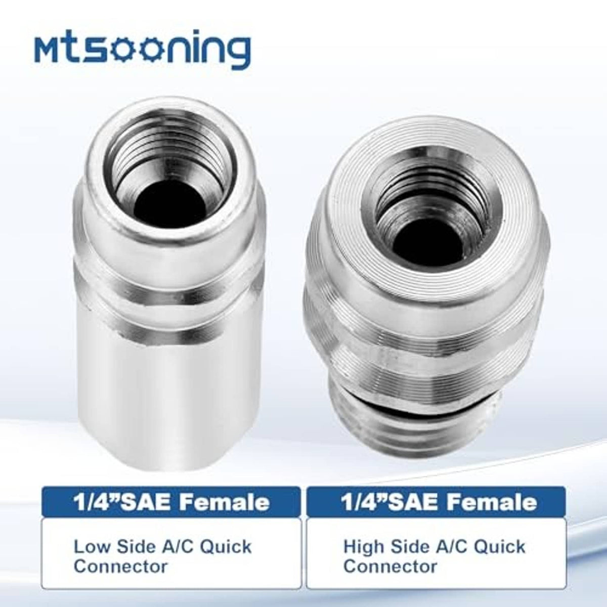 1/4" SAE female A/C quick connectors with threaded ports for low- and high-side use