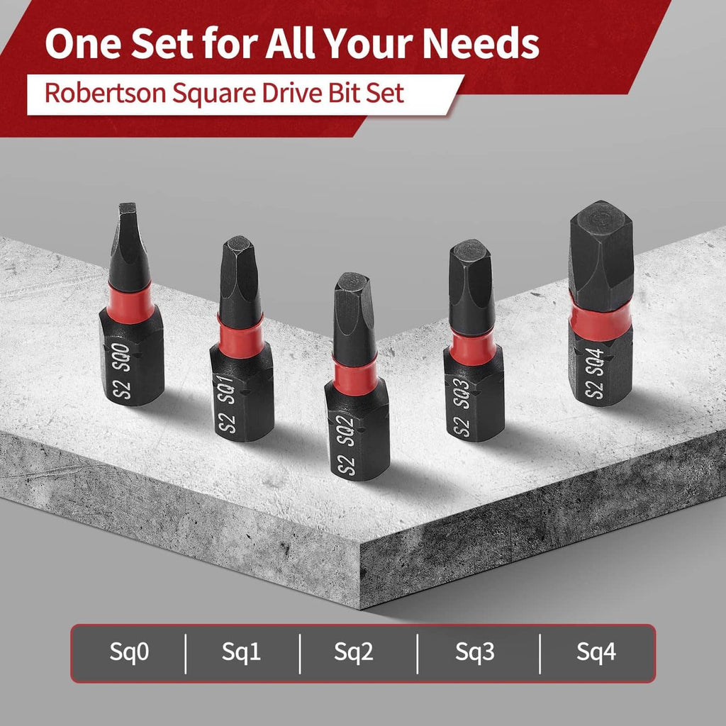 Robertson square drive bit set with red collars, black bits labeled Sq0–Sq4