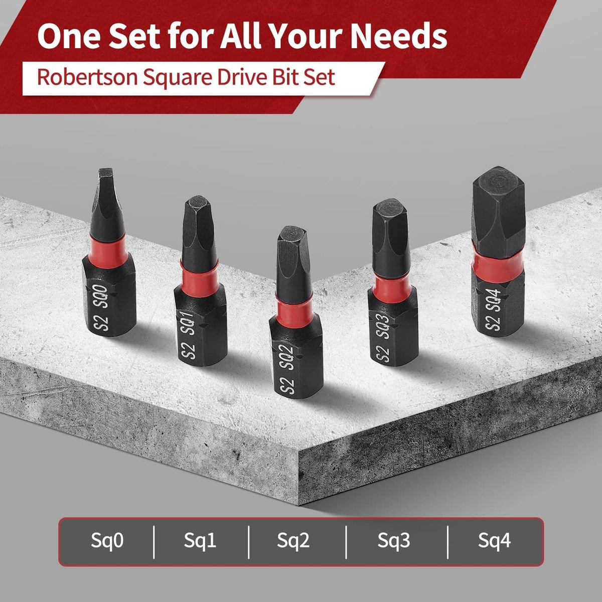 Robertson square drive bit set with red collars, black bits labeled Sq0–Sq4