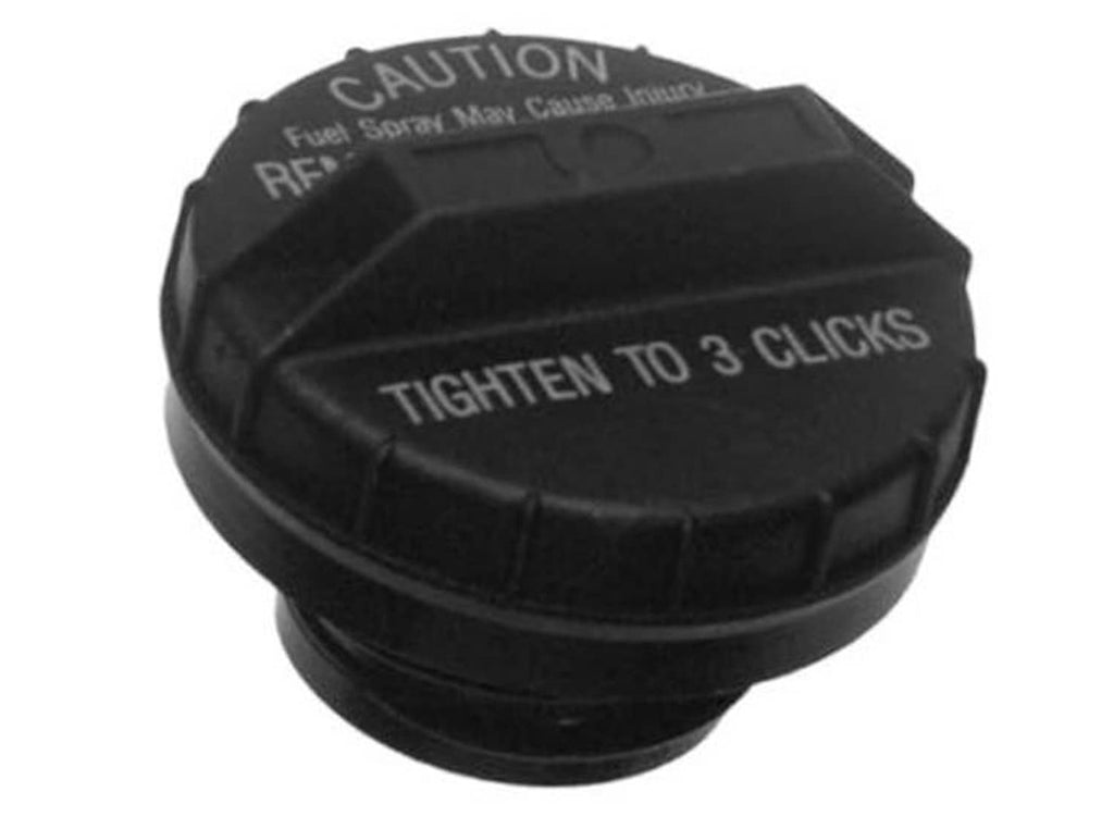 Fuel tank filler cap, black with “TIGHTEN TO 3 CLICKS” on the lid