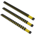Three-piece yellow socket organizer set with black clips and rails