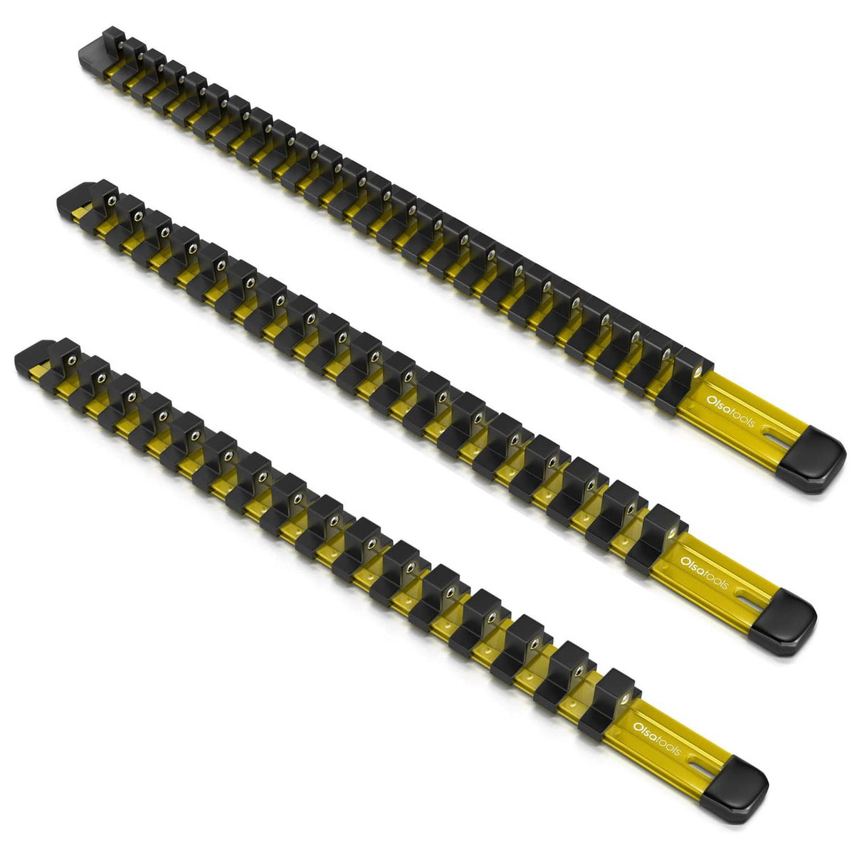 Three-piece yellow socket organizer set with black clips and rails