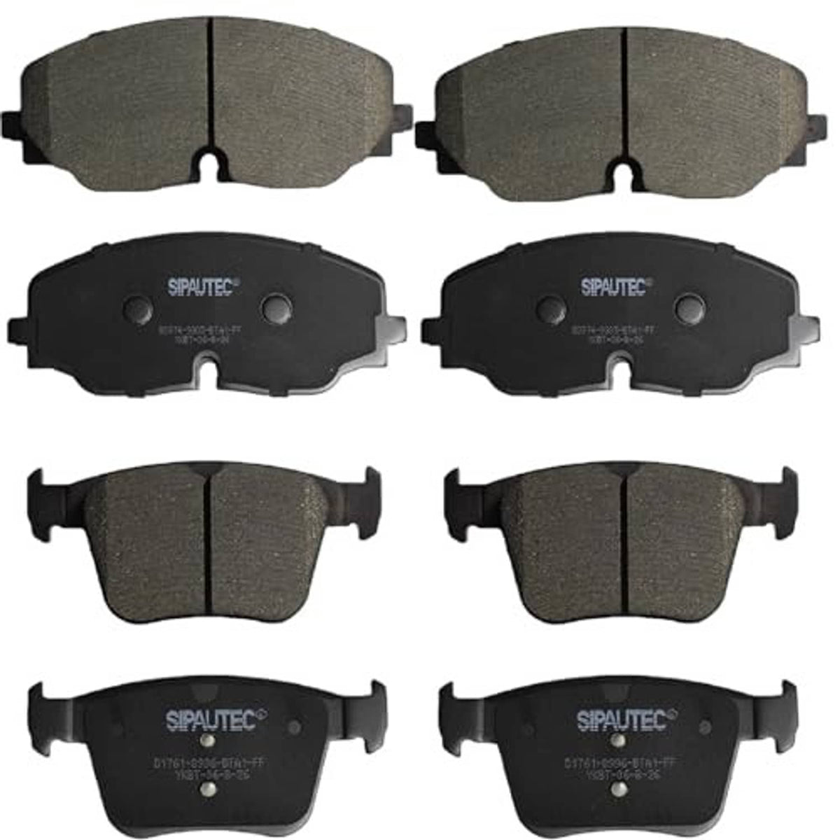 Gray brake pads set shown from multiple angles with SIPAUTEC logo and mounting tabs