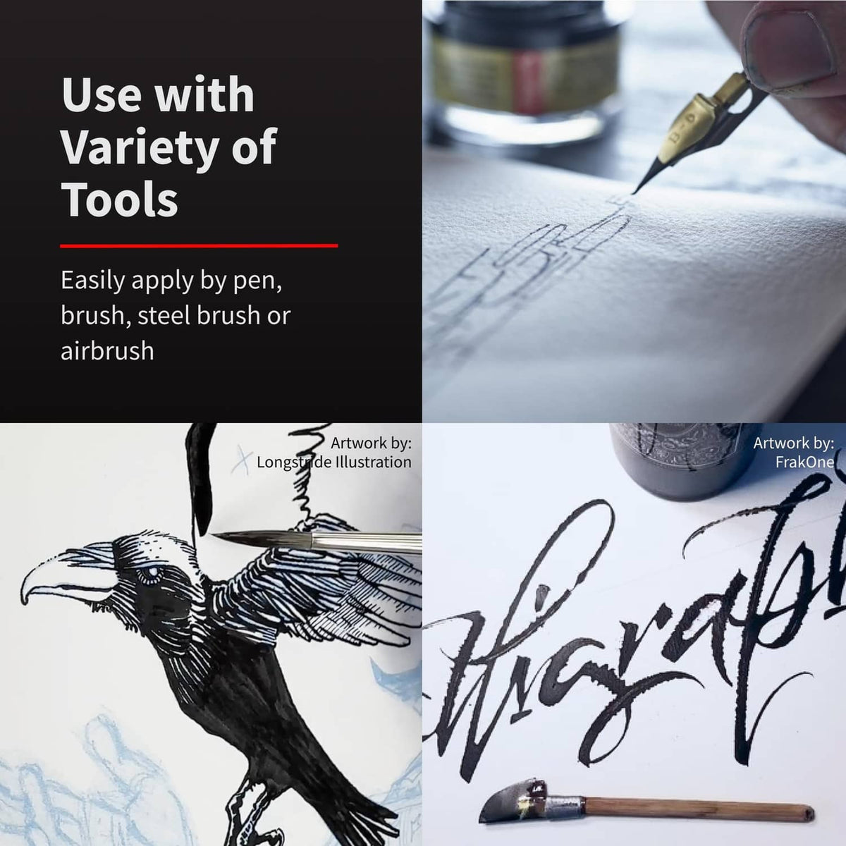 Black India ink bottle with calligraphy pen and brush for applying ink