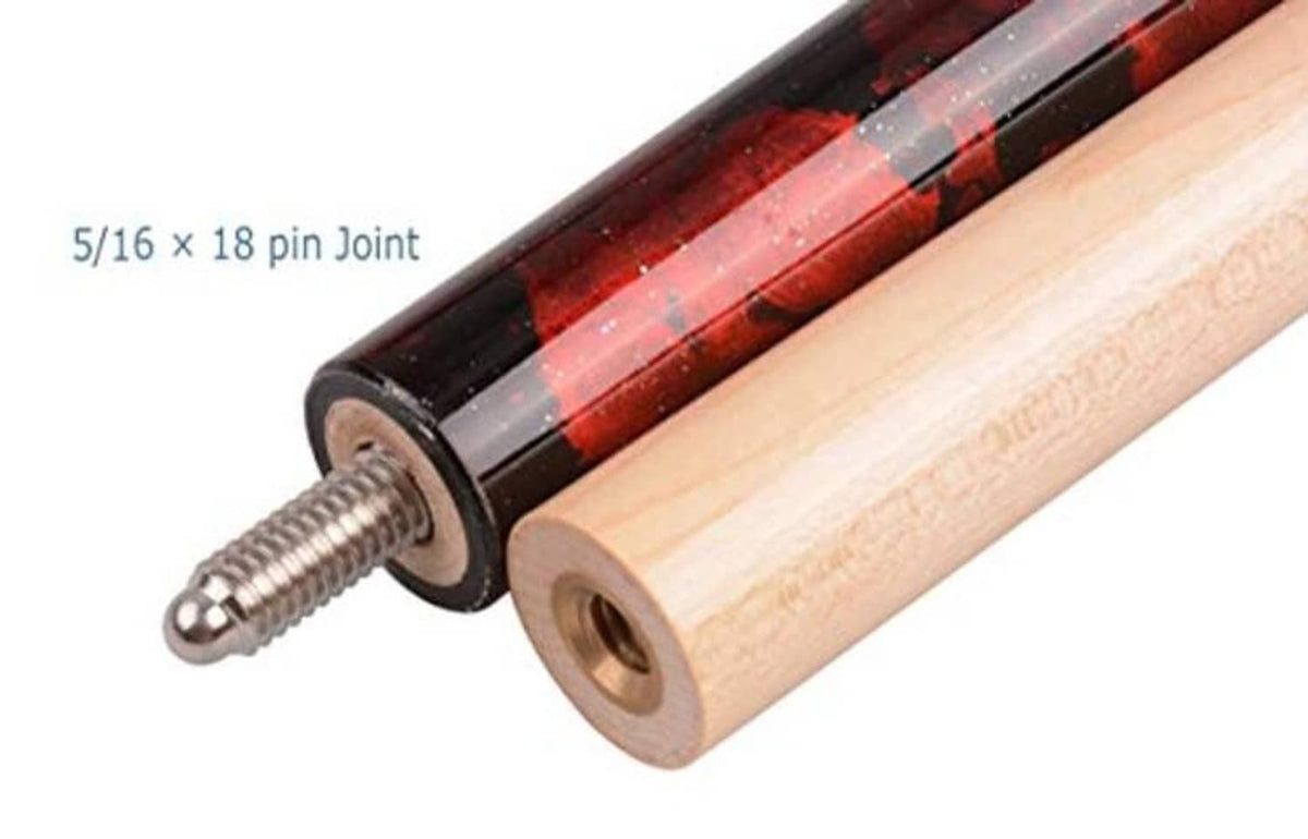 Pool cue joint with threaded connection between red shaft and light maple handle.