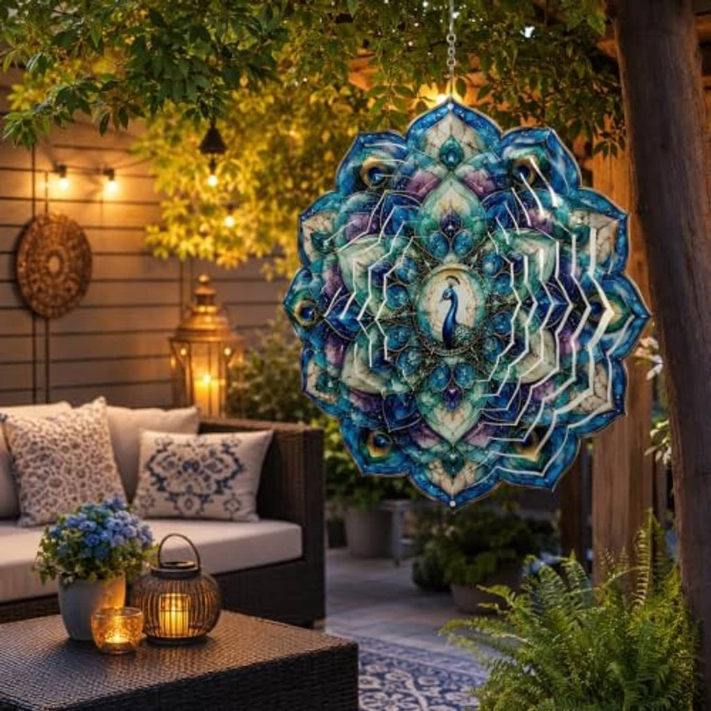 Blue-purple peacock wind spinner with layered feather fan pattern, hanging from a chain