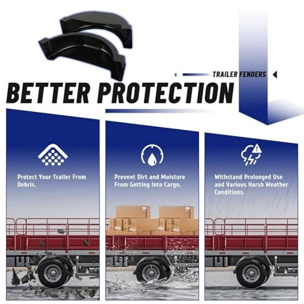 Two black trailer fender guards with step pads and protective wheel coverage