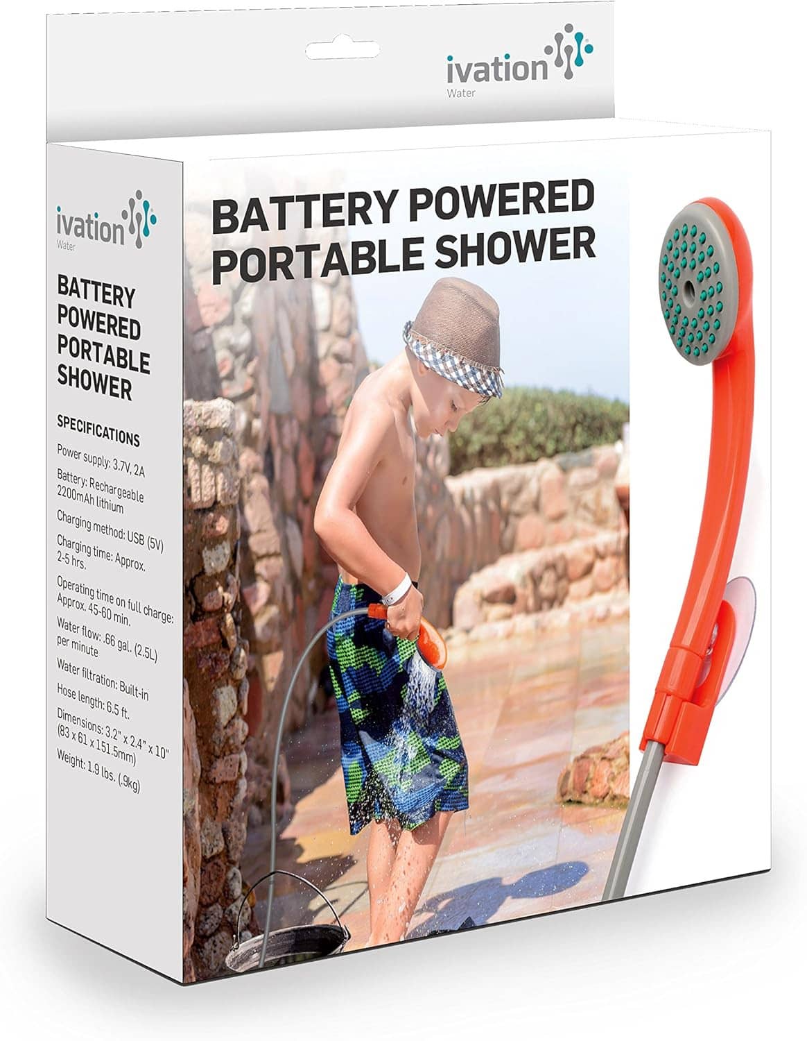 Battery powered portable shower box with orange and gray handheld shower head