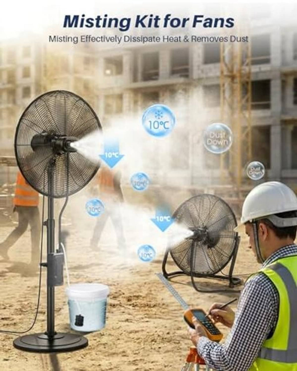 Mist fan system with water pump and hoses producing cooling mist in outdoor area