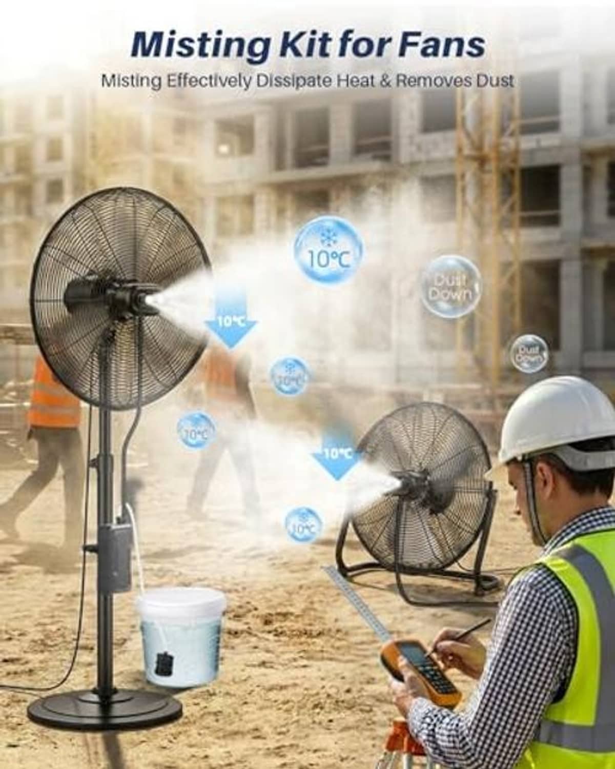 Mist fan system with water pump and hoses producing cooling mist in outdoor area