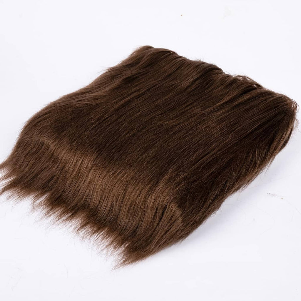Brown faux fur fabric piece with long pile, laid flat for clear texture view.
