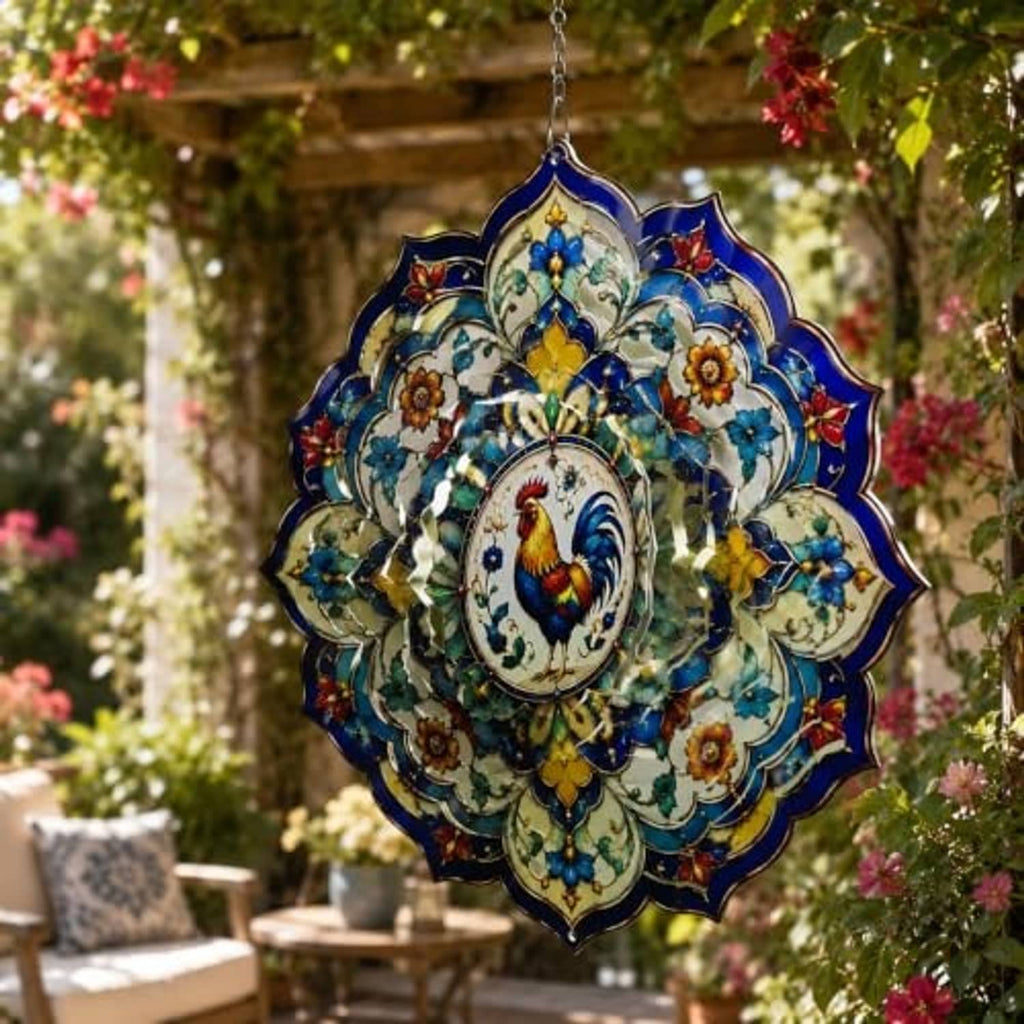 Rooster wind spinner mandala with blue floral layers and hanging chain in bloom garden