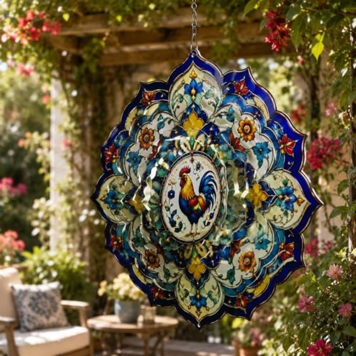 Rooster wind spinner mandala with blue floral layers and hanging chain in bloom garden