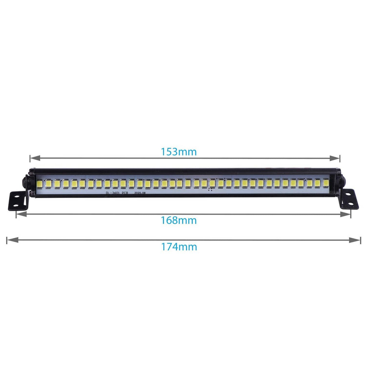 Black LED light bar with length measurements shown: 153mm, 168mm, 174mm