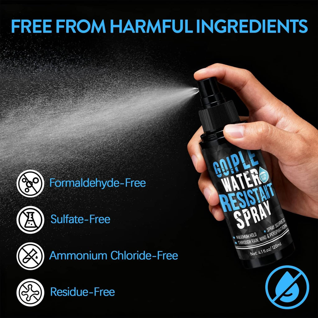Hair fiber water-resistant spray bottle held while spraying a fine mist