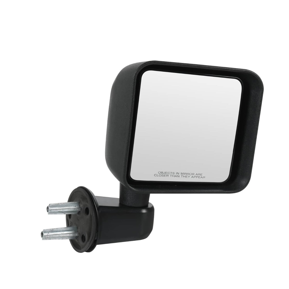Black rectangular side mirror with clear glass and front mounting plate with studs