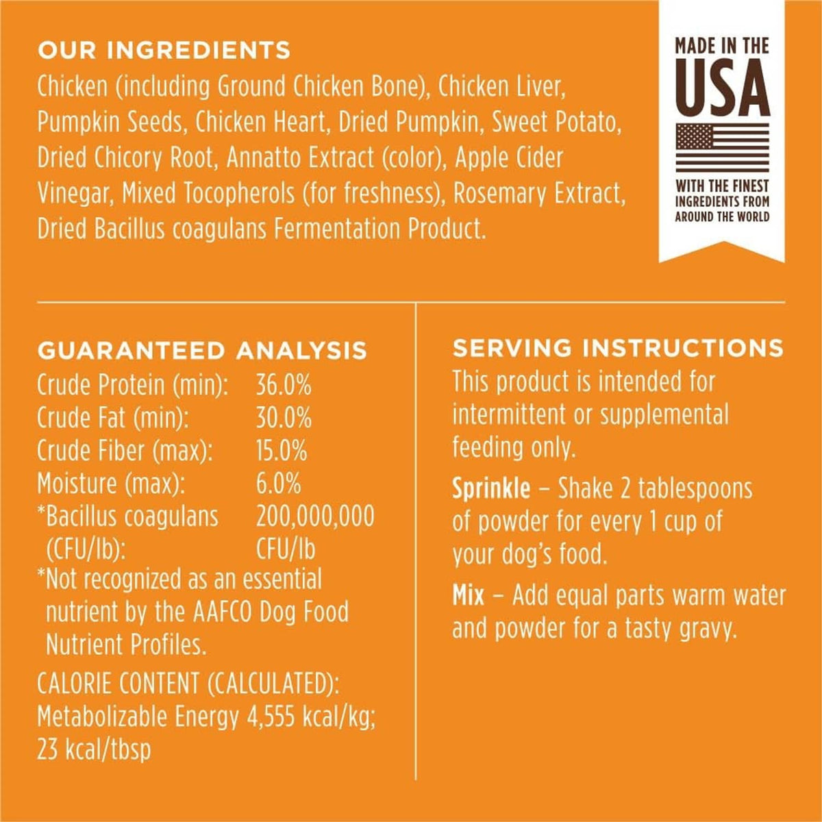 Back label of dog food topper shaker with ingredients, analysis, and serving directions.