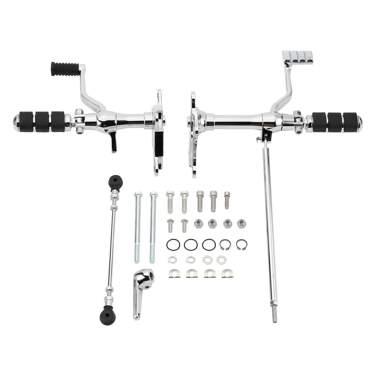 Forward control levers and pegs kit with chrome hardware and bolts, black rubber grips