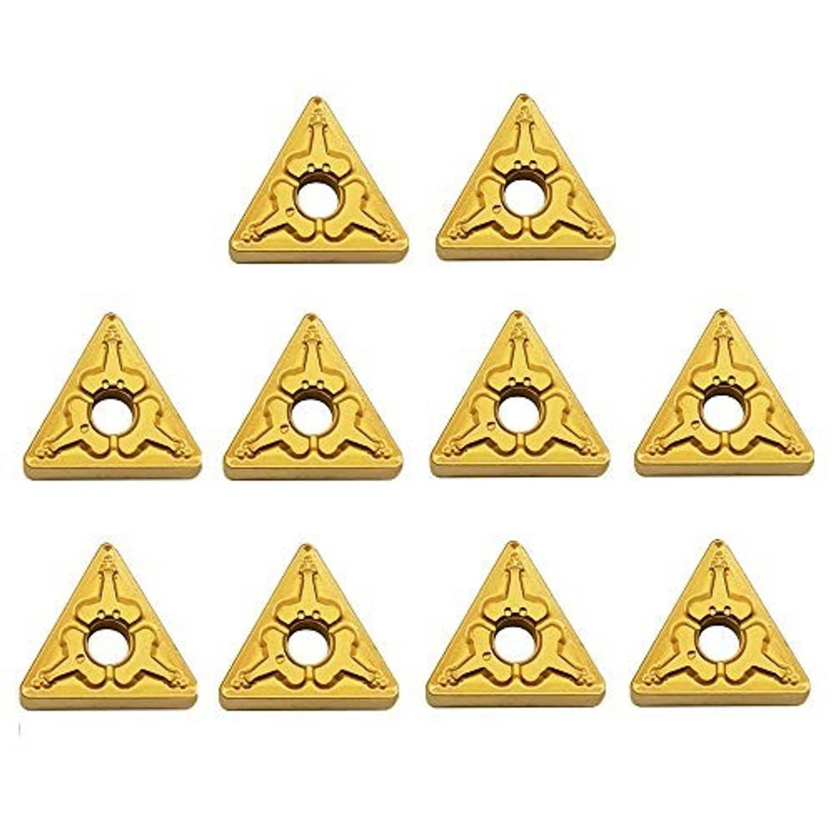 Set of eight triangular gold carbide inserts with round center hole
