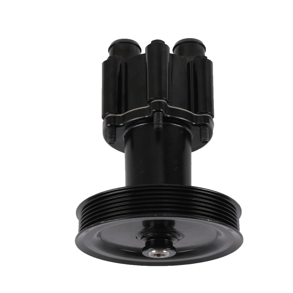 Black raw water pump with pulley wheel, mounting studs, and three outlet tubes