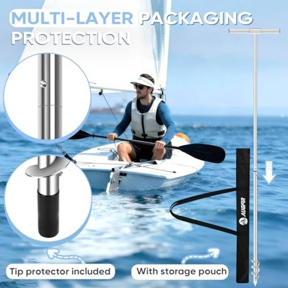 Multi-layer protected stainless anchor pole with tip protector and storage pouch