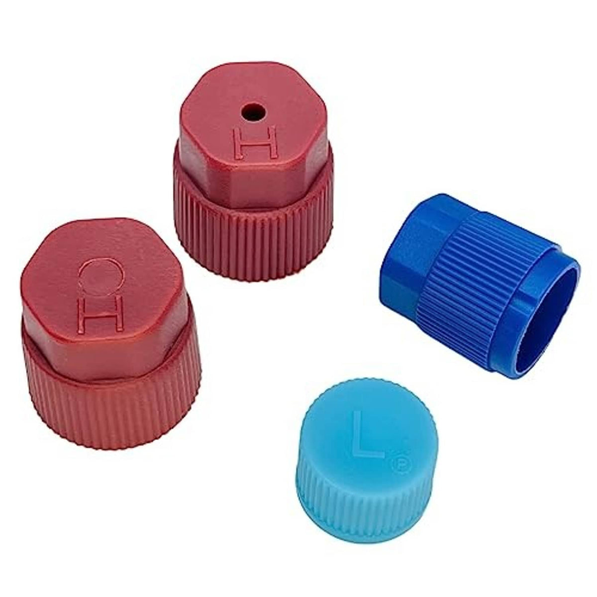 Air conditioning valve core caps set with red and blue covers and blue removal cap