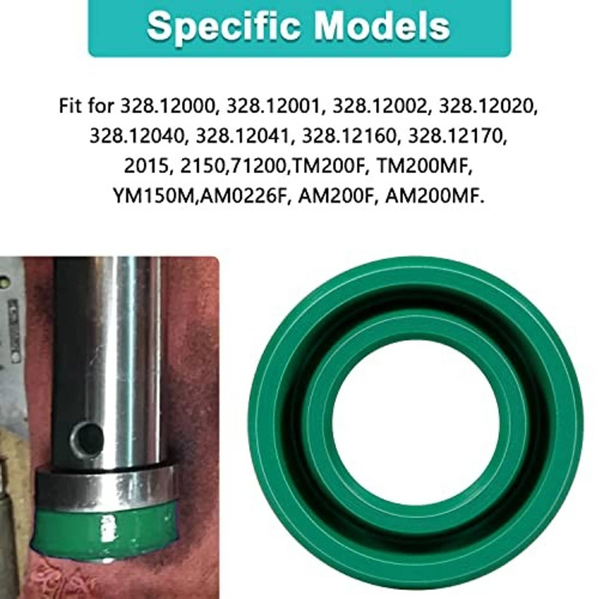 Green U-cup seal with inner ring, shown near hydraulic floor jack piston