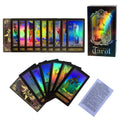 Spread of tarot cards with colorful scenes and a matching multicolor card box