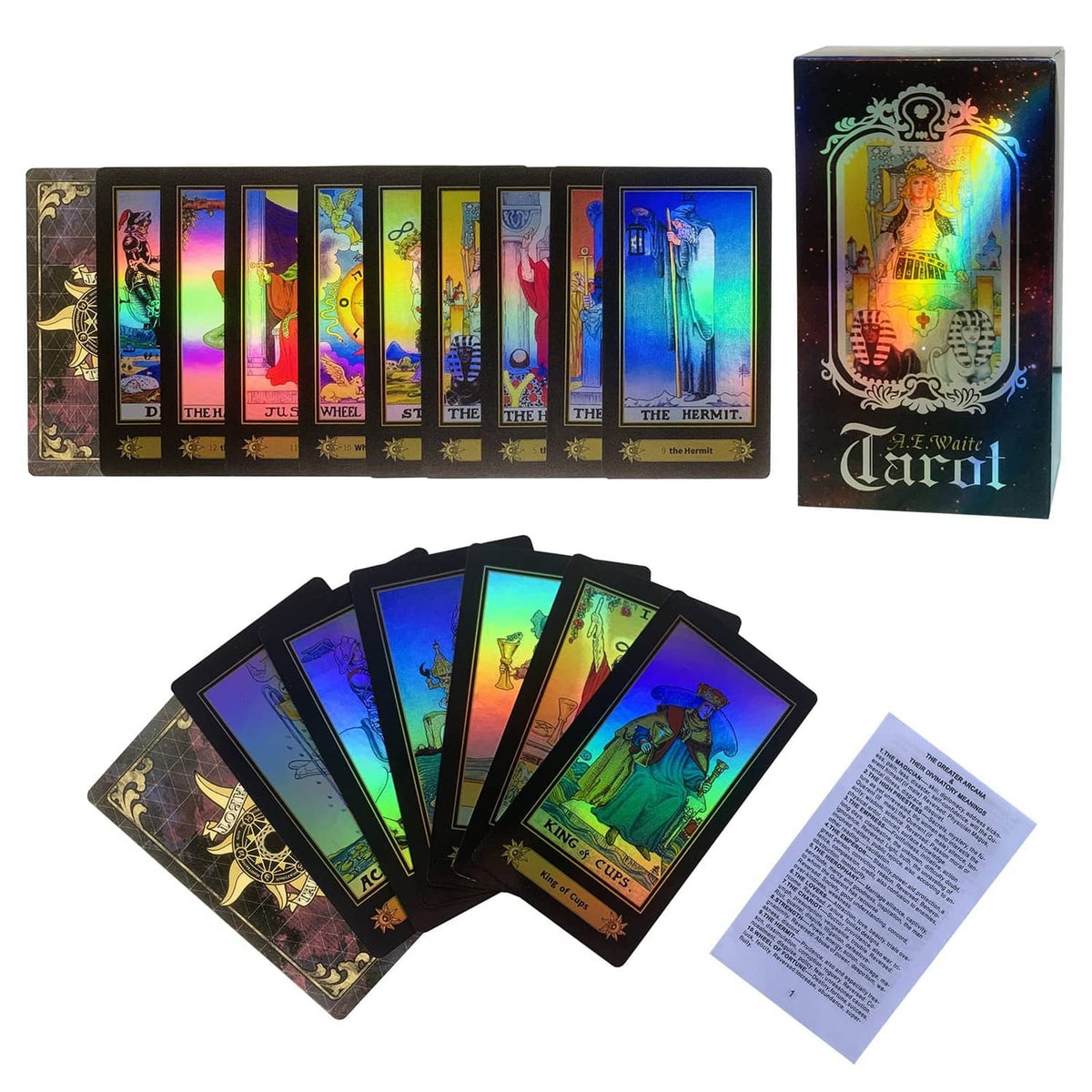 Spread of tarot cards with colorful scenes and a matching multicolor card box