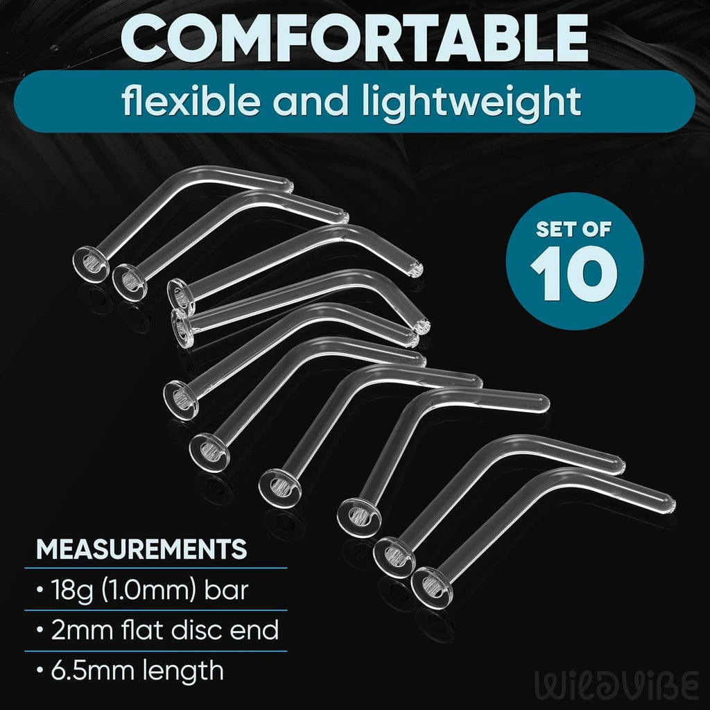 Set of 10 clear L-shaped nose studs with round flat disc ends, flexible transparent retainer