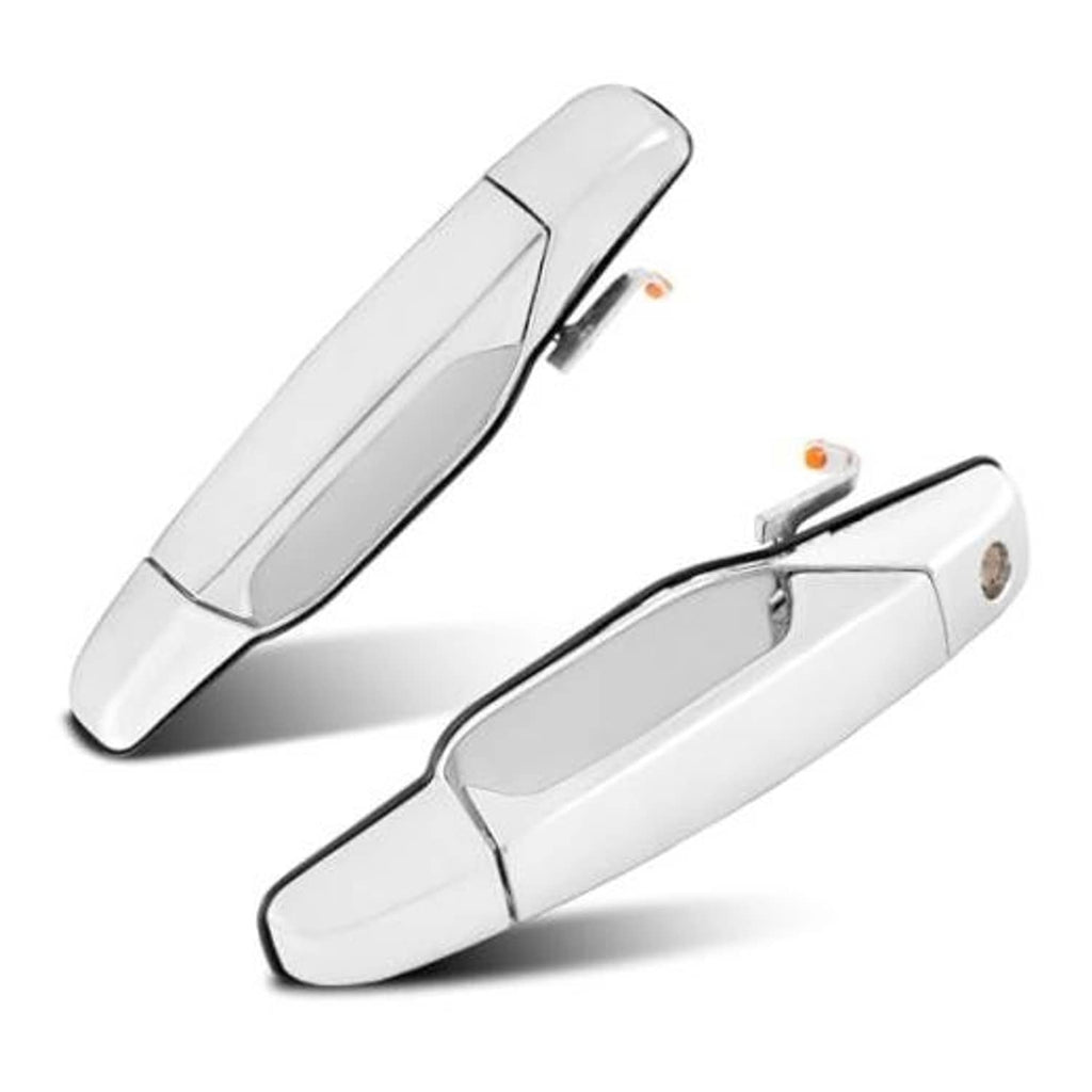 Pair of front exterior door handles in white with chrome accents, left and right