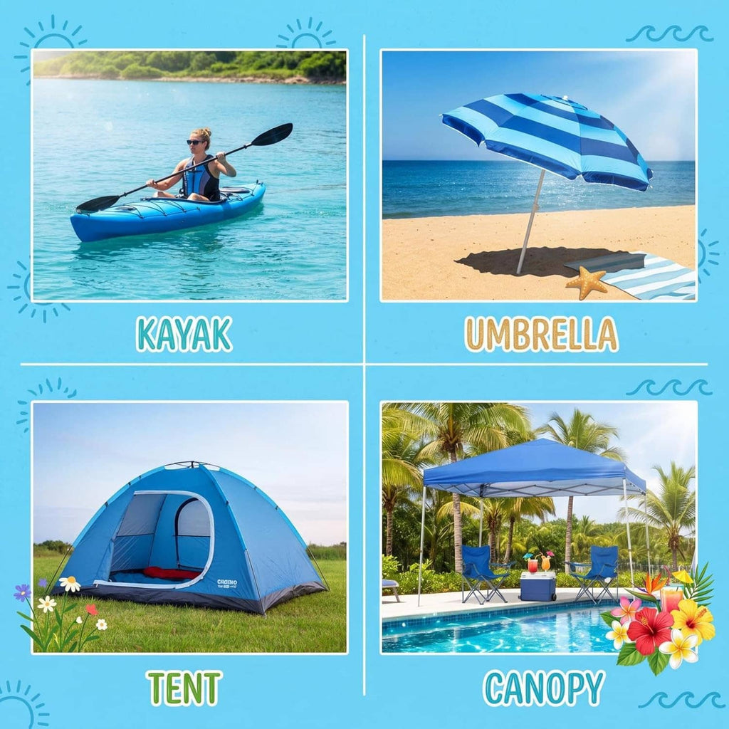 Blue self-adhesive vinyl repair patch shown for kayak, umbrella, tent, and canopy uses