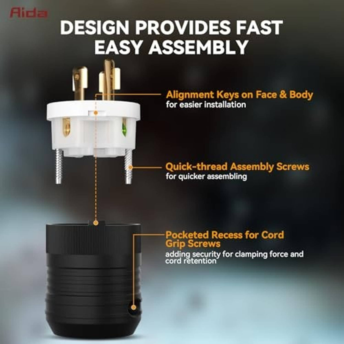 NEMA locking plug assembly with alignment keys and quick-thread assembly screws detail