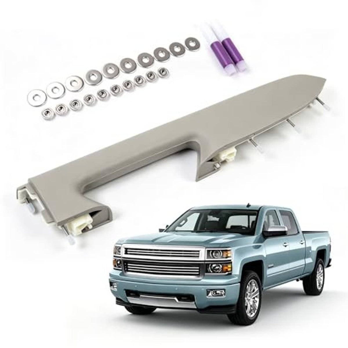 Gray driver-side armrest replacement handle with installation screws and clips
