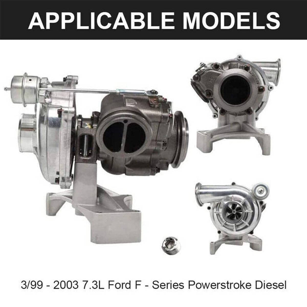 Applicable models graphic featuring turbo pedestal and exhaust housing photos