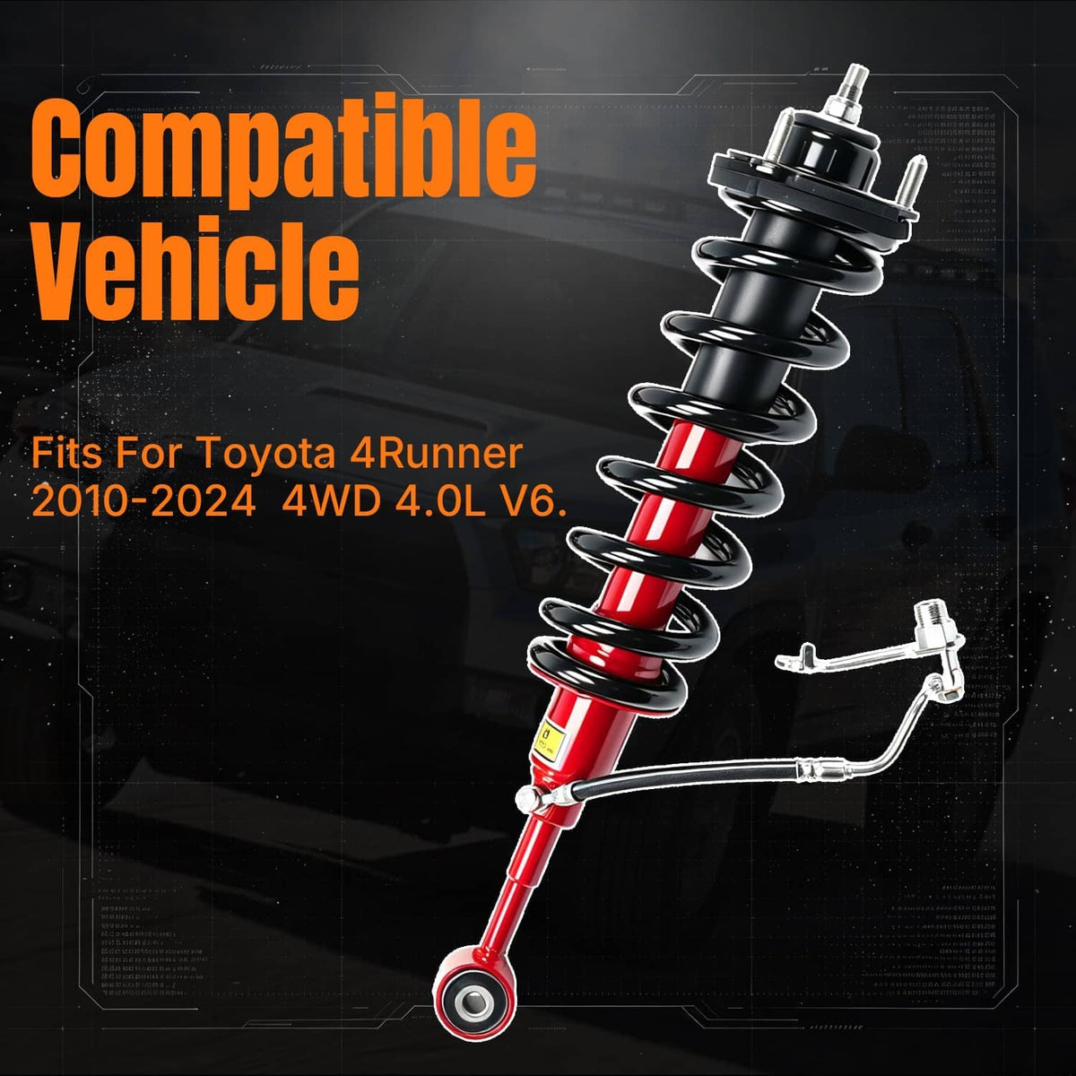 Front shock strut assembly with red damper, black coil spring, and connected steering link