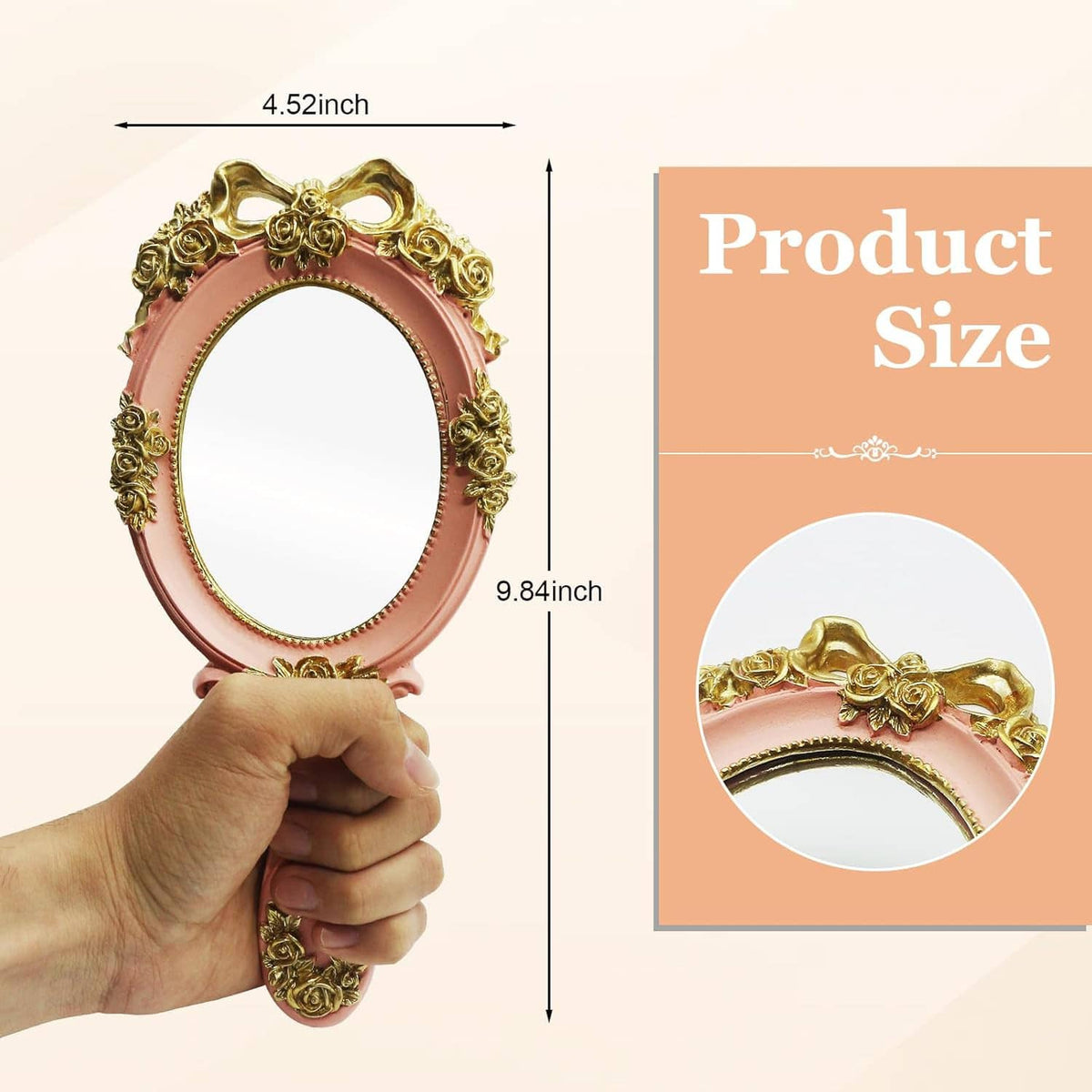 Pink oval handheld mirror with gold rose-embossed frame; hand holding handle