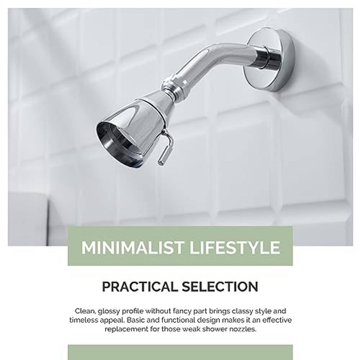 Minimalist chrome shower head with angled arm and round spray face