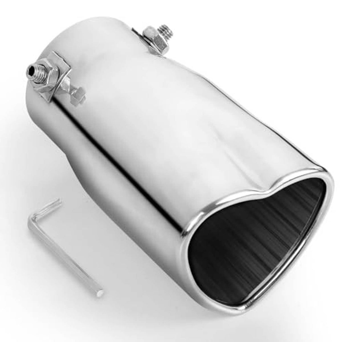 Silver stainless steel exhaust tip with heart-shaped outlet and dark inner round opening.