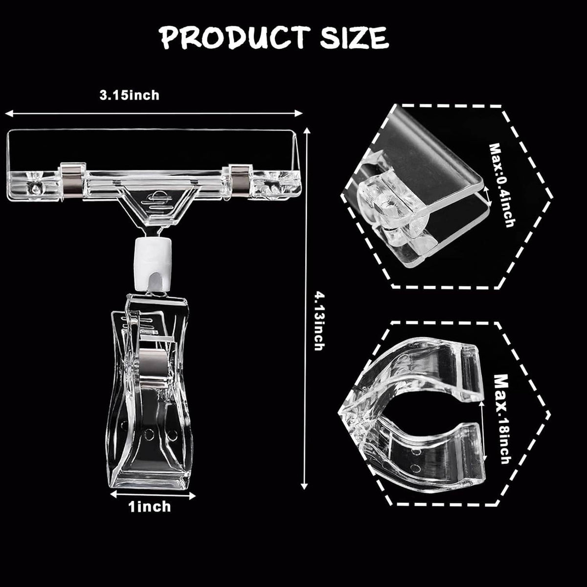 Clear sign holder clips, transparent size diagram showing 3.15 in and 4.13 in dimensions