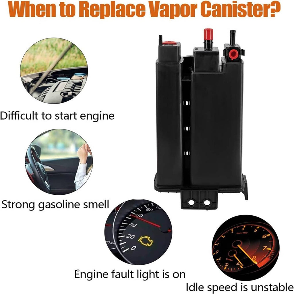 Black fuel vapor canister assembly with red vent caps