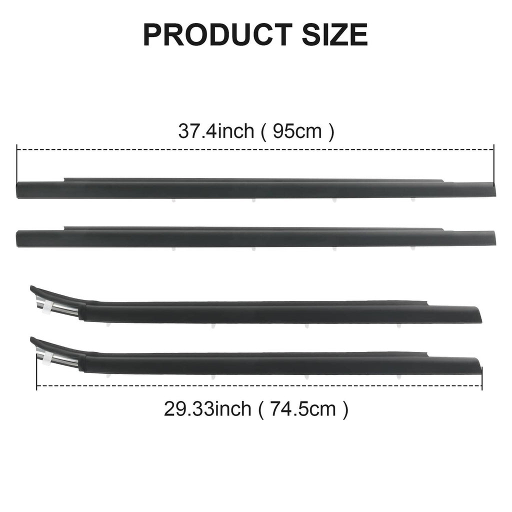 Long black window trim seal belts with channel openings and clip mounts