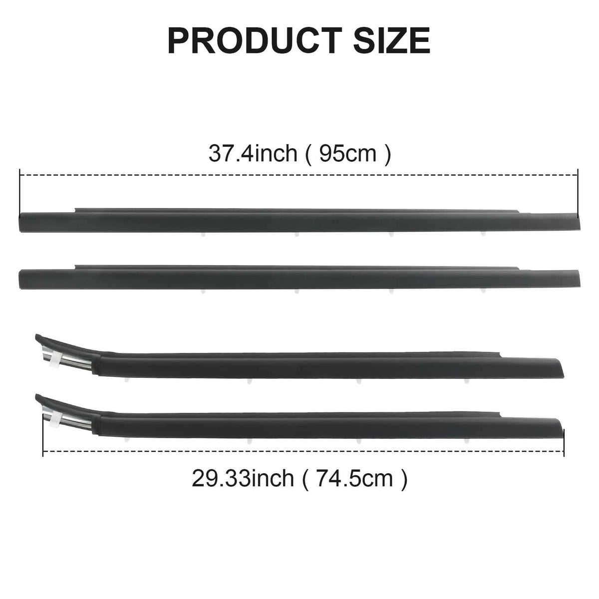 Long black window trim seal belts with channel openings and clip mounts