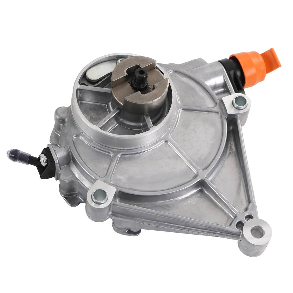 Silver vacuum pump with orange outlet cap and black vacuum port