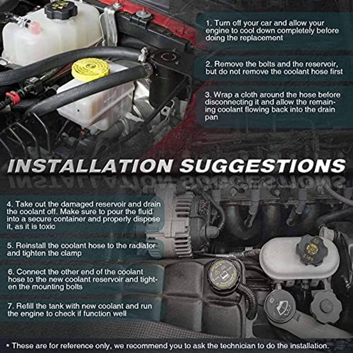 Engine coolant recovery overflow reservoir installation suggestions graphic