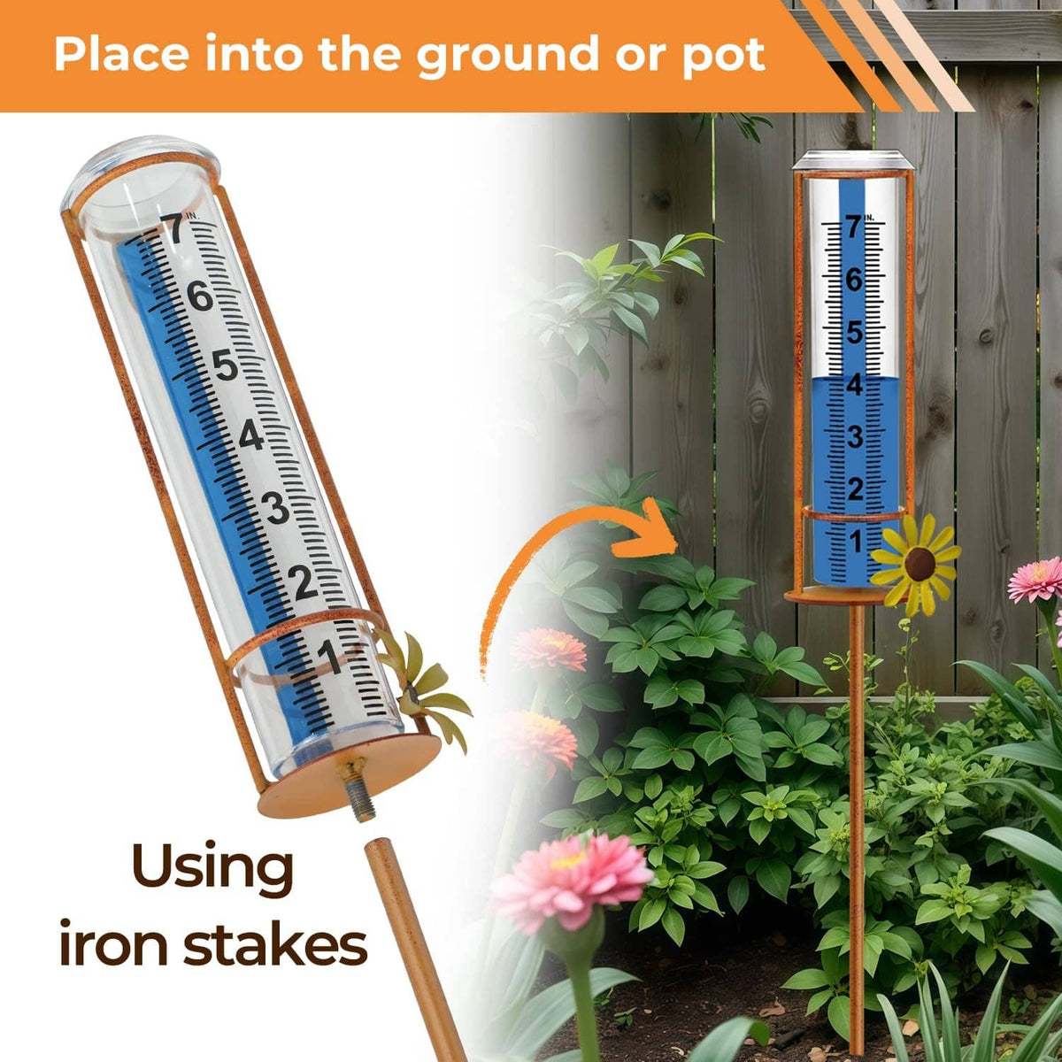 Rain gauge measuring tube with blue scale and brown stake, flower detail for pots